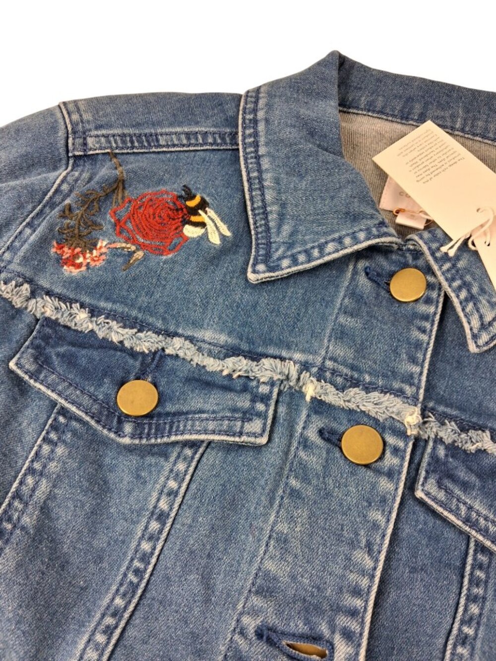 NWT Lauren Conrad Womens Size S Denim Jacket w/ Fraying & Embroidered Roses Bees - Picture 9 of 16
